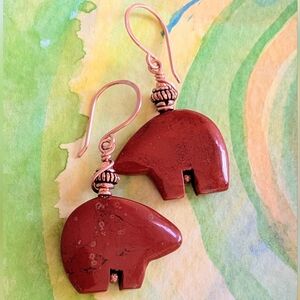 Carved Red Jasper Earrings Artisan Zuni Style Gemstones Copper Wire Wrap